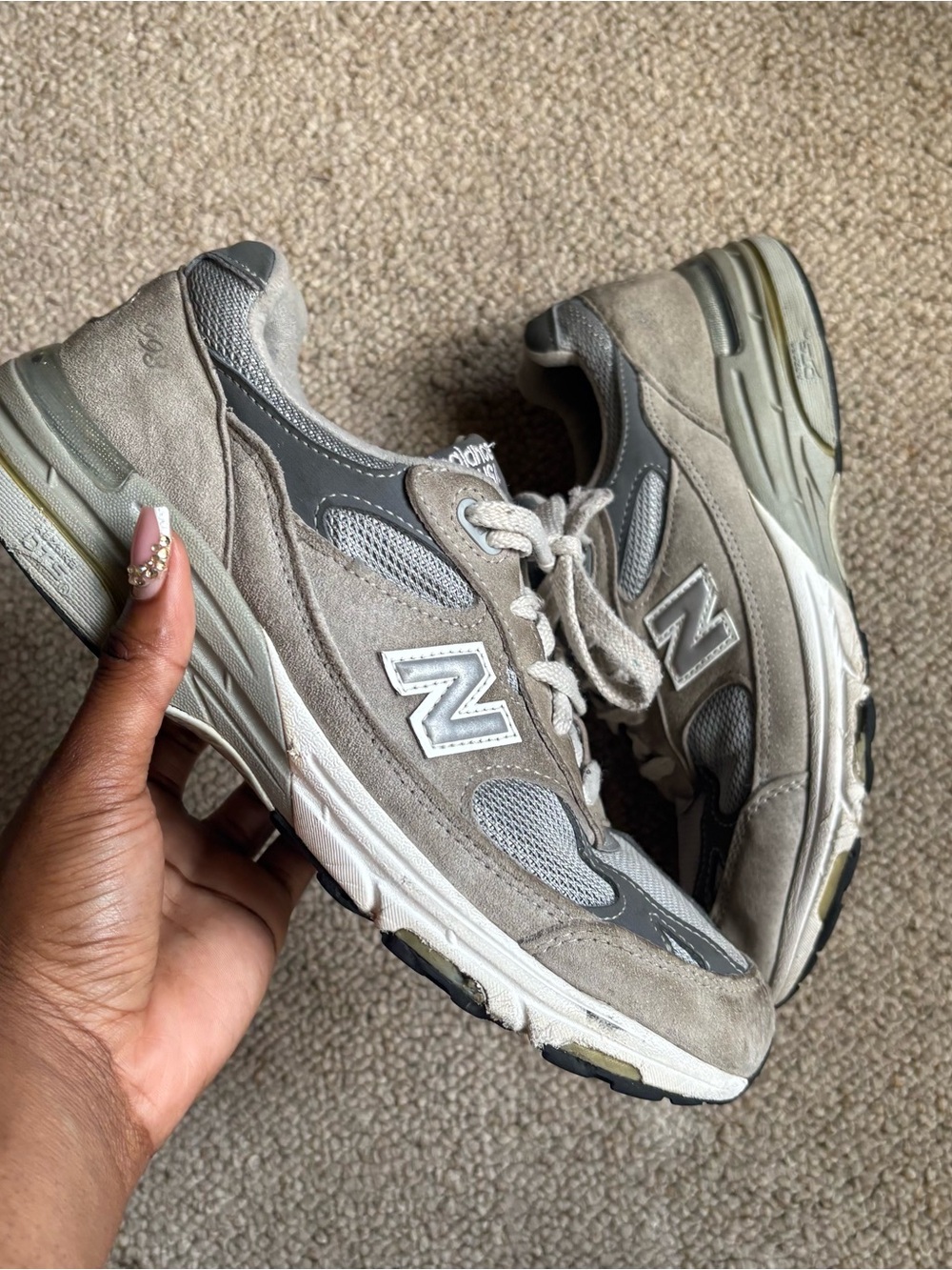 New Balance Taupe and Gray Suede Mesh Sneaker